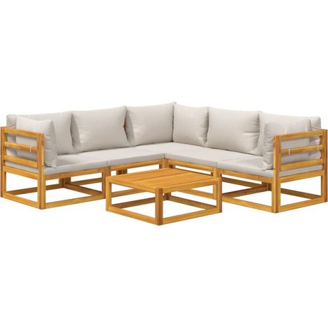 Salon de jardin meuble d'extérieur ensemble de mobilier 6 pièces avec coussins gris clair bois massif (1/5)