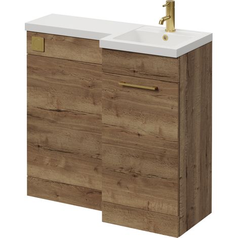 Napoli 390 Tobacco Oak 900mm Single Door Vanity Unit Toilet Suite with Right Hand Square Lucia Basin - 900mm - Brushed Brass 160mm HandleWithout Kingston Toilet Pan