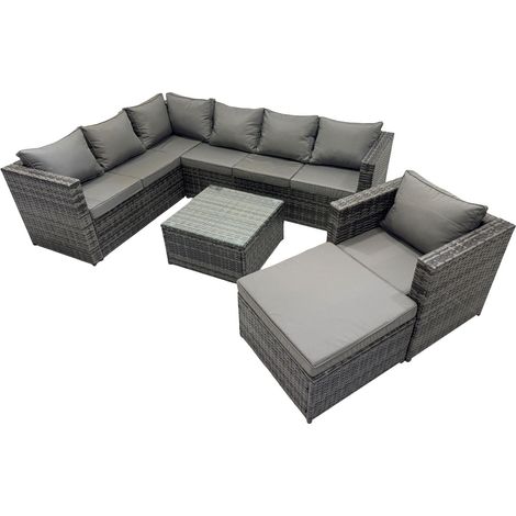 Fimous Rattan Garden Furniture Patio Furniture Sets with Corner Sofa Chair Square Coffee Table Big Footstool Dark Grey Mixed (1/5)