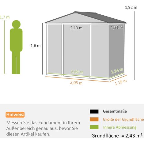 Abri extérieur en acier galvanisé gris, 2,43 m² (213x131x192 cm), toit en pente double, porte coulissante sécurisée, robuste contre pluie et vent, idéal jardin et terrasse. (1/5)