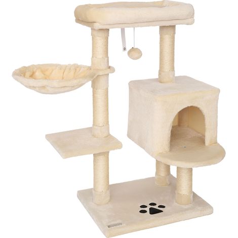 lionto Kratzbaum 93 cm mit Höhle, Liegemulde, Spielball & Sisalstämmen, kompakter Katzenbaum, beige