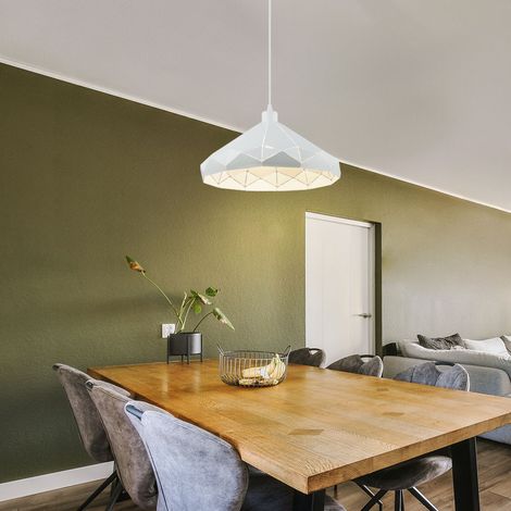 Hängelampe Holzlampe 1 flammig Glasschirm Pendelleuchte Hängeleuchte Wohnzimmerlampe, Metall weiß, 1x E27 Fassung, DxH 40x120 cm