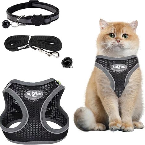 Harnais pour Chat avec Laisse Anti-éclatement, Harnais réglable pour Chat, Doublure Lombaire Douce et Maille Respirante avec Bandes réfléchissantes, pour lentraînement en Plein air (Noir XXS) (1/5)