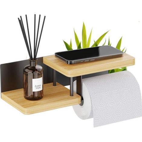 Porte-papier toilette mural - nécessite un perçage pour l'installation - en bois et métal - distributeur de papier toilette - noir et bambou (1/5)