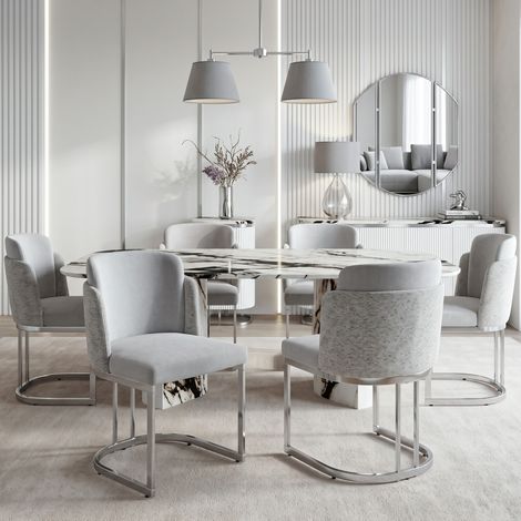 Set di 6 sedie da pranzo, doppio schienale, imbottitura in schiuma 25D, rivestimento in chenille, grigio e argento (1/5)