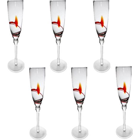 Set 6 Bicchiere da fluite calice con piede lungo per prosecco cocktail liquore filo rosso in cristallo idea regalo