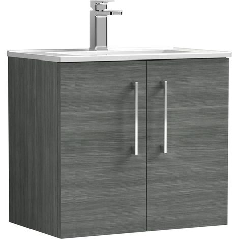 Balterley  Contemporary Bathroom 2 Soft Close Door & Minimalist Wall Hung Vanity Unit Basin, Anthracite Woodgrain, 600mm