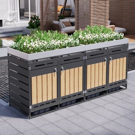 Armario exterior para 4 cubos de basura con jardinera, 262 x 79 x 120 cm, negro DESVIAE (1/5)