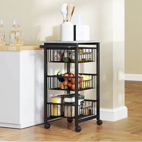 Chariot de cuisine 49,5x31x69 cm gris clair en bois et acier avec 3 paniers, roulettes et plateau (1/5)