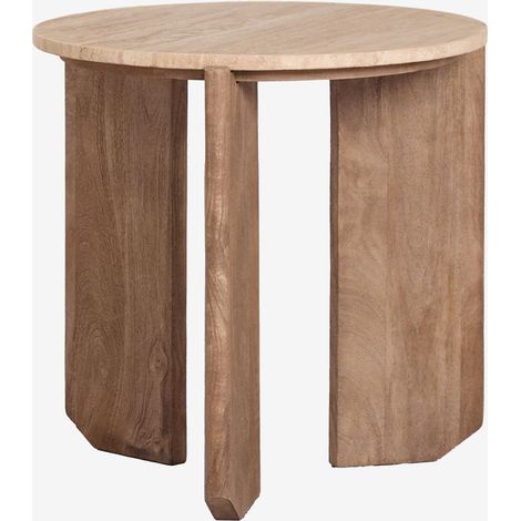 SKLUM Runder Beistelltisch Ø50 cm aus Naturstein und Mangoholz Lavinia Rustikales Mangoholz Travertin (1/5)