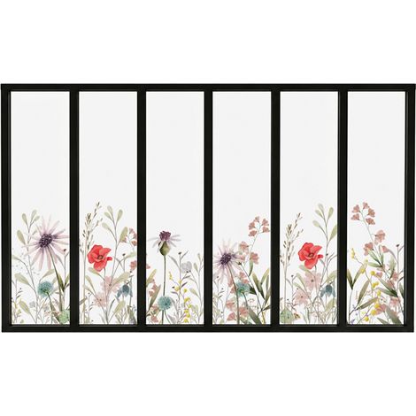 Verrière atelier intérieure aluminium noir 6 vitrages 201 x 117 cm - Décor végétal - Herbier - rouge et vert et transparent - Verre trempé (1/5)