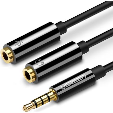 Cable divisor de audio AUX Ugreen AV141, miniconector de 3,5 mm (macho) a conector para auriculares + micrófono (hembra), 20 cm (negro).