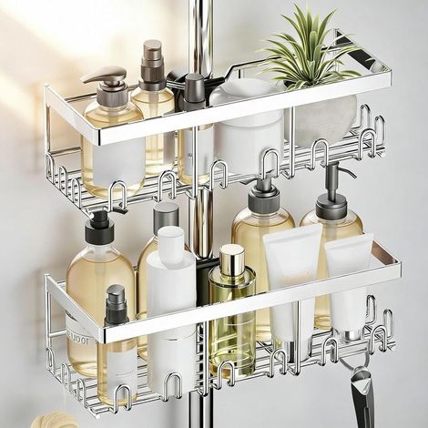 2 Paniers Étagères de douche sans perçage pour barres RONDES de 18 à 25 mm Ne convient pas aux barres carrées/rectangulaires, Argent (1/5)