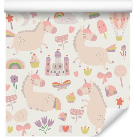 Carta da parati con unicorni, dolci e piante per soggiorno e camera da letto 50x1000 cm (1/5)