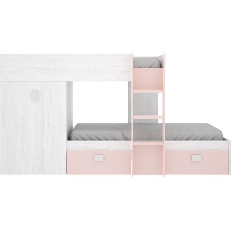 Lit enfant superposé avec armoire et 2 tiroirs coloris Blanc, rose - Longueur 271 x Profondeur 111 x Hauteur 150 cm (1/5)