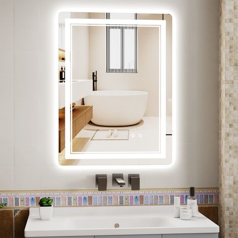 Miroir de Salle de Bain LED - 50x70cm - 3 Couleurs - Éclairage Réglable - Anti-Buée -  Gradateur Mémoire - Touche Tactile - Miroir de Lumineux - Verre Trempé - Miroir Lumineux Salle de Bain - IP68