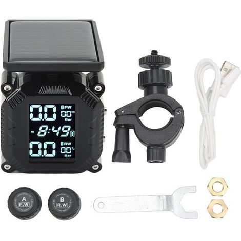 Sistema inalámbrico TPMS para motocicletas con alimentación solar, pantalla y sensores. (1/5)