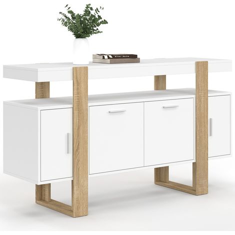 Idmarket – Buffet 140 cm 4 portes blanc et bois – Structure robuste – Dimensions 140x40x80 cm – Meuble de rangement moderne