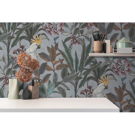 Papier peint tropical, perroquet, colibri, plante, fond gris  B397483 (1/4)