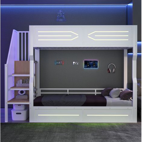 Letto a soppalco in metallo e MDF bianco 90x200 cm con LED, scala contenitore e sponde alte