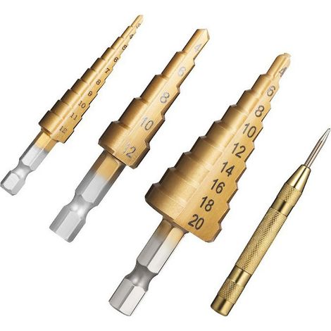 4-teiliges HSS-Titan-Stufenbohrer-Set mit automatischem Körner