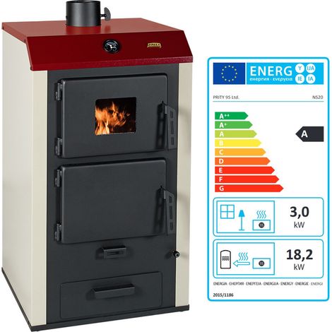 Prity – Poêle à bois avec chaudière – 18,2 kW eau + 3 kW air – Classe A – Chauffage jusqu’à 100 m² – Sortie de fumée Ø130 mm