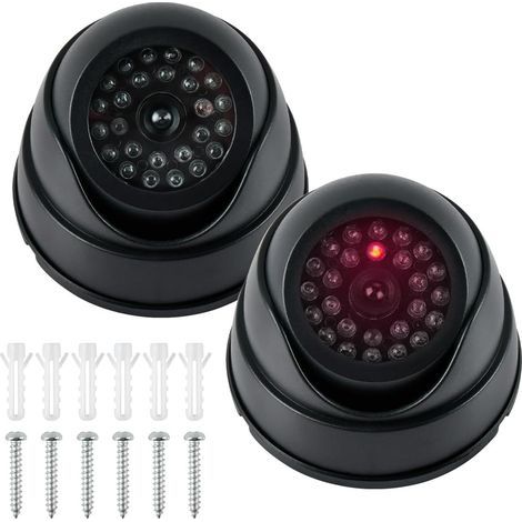 2pcs Caméras Factices de Surveillance CCTV, Fausse Caméra de Sécurité Factice avec Lumière Led Clignotante, Caméra Surveillance Factice Étanche pour Extérieur Intérieur avec 2 Panneaux de CCTV + Vis (1/4)