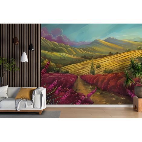 Papier peint campagne - vallons de lavande rougeoyante - 150 x 250 cm (1/2)