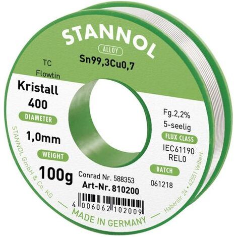 Stannol Ecology TC Lötzinn, bleifrei Spule Sn99,3Cu0,7 REL0 100 g 1 mm (1/4)