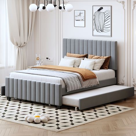 Lit rembourré en velours gris 140x190 cm avec lit gigogne 90x190 cm, 2 tiroirs et sommier à lattes inclus (1/5)