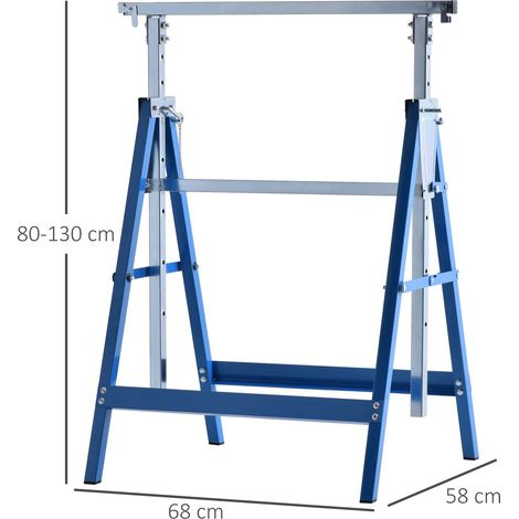 Set mit 2 klappbaren Metall-Sägeböcken mit verstellbarer Höhe, Stahl-Sägeböcke 68x58x80-130 cm, blau