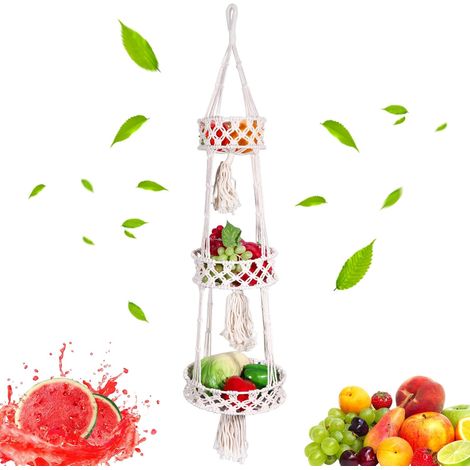Corbeille à fruits tissée à la main avec corde en coton, filet circulaire en bambou bohème, panier à fruits tissé, panier suspendu à 3 niveaux pour cuisine, pour stocker des fruits et légumes (1/5)