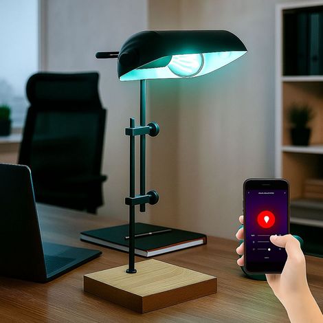 Smart LED Tischleuchte schwarz Bankerleuchte Holz Höhenverstellbar Beistellleuchte, RGB LED 5W 470Lm warm-kaltweiß, LxBxH  26,5x18,2x50 cm