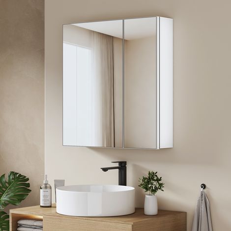 EMKE Spiegelschränke 60x65cm Spiegelschrank Badschrank Badezimmerwaschtisch mit Einwegspiegel Trennwand Doppeltüren (Weiß)