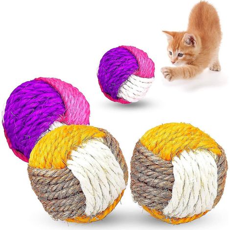 Lot de 4 balles en sisal pour chat, balles à griffer interactives et écologiques pour chatons. (1/5)