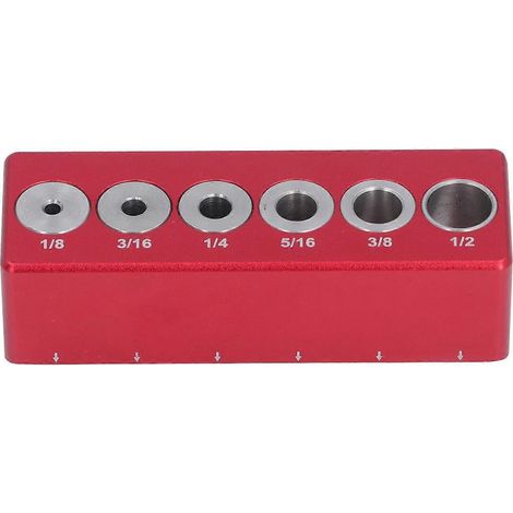 Bloc de guidage de perçage en alliage d'aluminium pour chevilles rondes en menuiserie, adapté aux diamètres de 1/8 pouce, 3/16 pouce et 1/4 pouce.