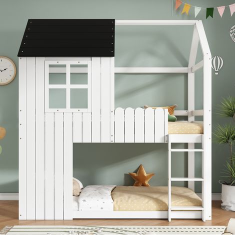 Letto a soppalco per bambini 90 x 200 cm, con finestra, scala a 3 gradini, bianco e nero DESVIAE (1/5)