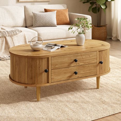 Table basse rectangulaire de salon avec tiroirs, niches ouvertes, rangements fermés, plateau MDF, chêne, 100x50x40 cm (1/5)