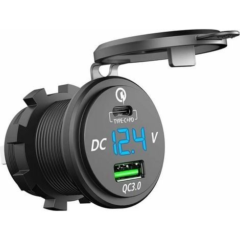 Chargeur rapide USB C voiture 12V/24V QC 3.0 64W double prise étanche avec voltmètre LED – Charge rapide pour bateaux et motos (1/5)