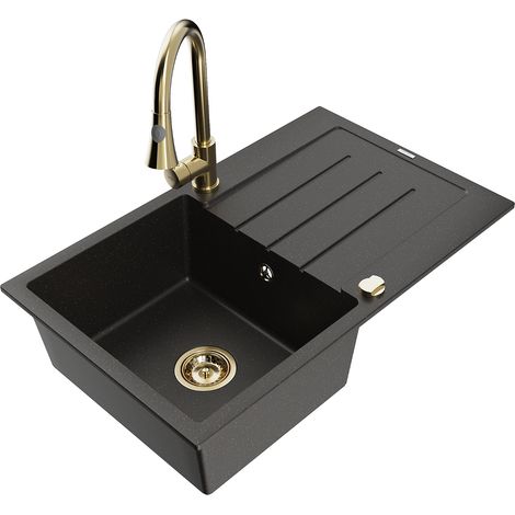 Mexen Bruno lavello da cucina in granito 1-vasca con scolapiatti e rubinetto Elia, nero/oro metallizzato - 6513-75-670101-50 (1/5)