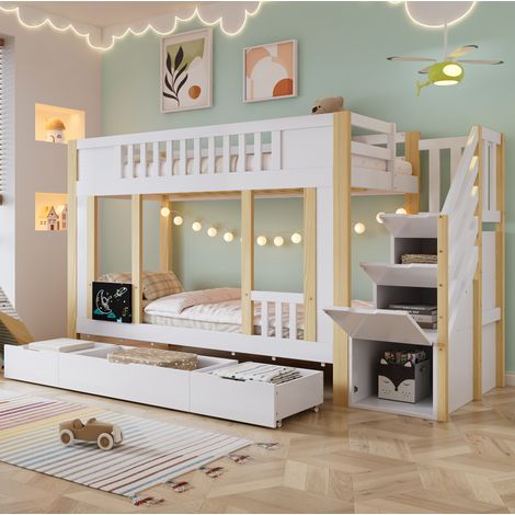 Letto a castello 90x200 cm bianco e naturale in legno con scale contenitore (1/5)