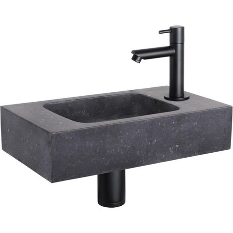 Differnz Force kit lave-mains - 40x22x9cm - Rectangulaire - 1 trou de robinet - Robinet droit noir mat - Pierre naturelle noire (1/5)
