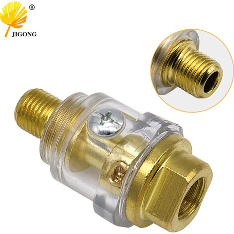 Le mini graisseur en fer, fabriqué en fer cuivré, est un accessoire pour outils pneumatiques doté d'un boîtier transparent qui permet de visualiser clairement le niveau d'huile. (1/5)