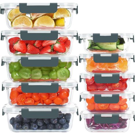 10 x Glass Food Storage Containers with Airtight Lids, BPA Free, Freezer, Oven and Microwave Safe (1/5)