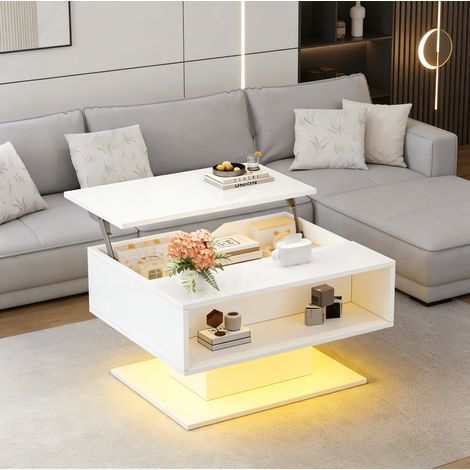 DESMIU Table basse relevable LED avec rangement caché et niche semi-ouverte, pour salon, blanc, 80 × 75 × 40 cm (1/5)