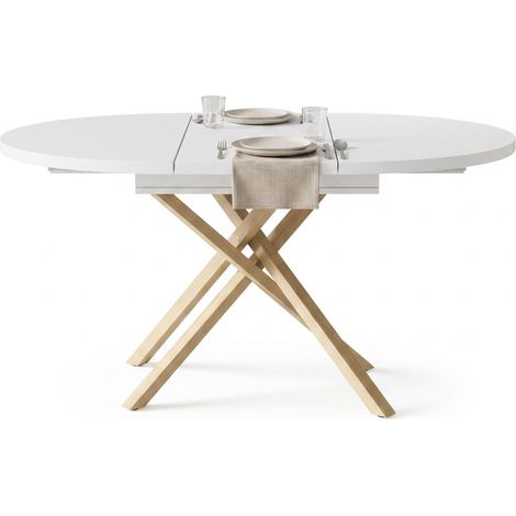 FurnitureR Table ronde extensible de 100 à 140 cm avec plateau MDF blanc et base croisée effet bois, idéale pour les repas de 4 à 6 personnes (1/5)