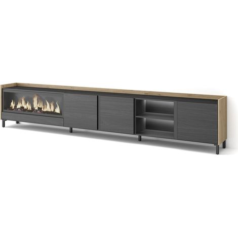 Skraut Home - Mueble TV, Televisión, Muebles de salón, almacenaje, 315x35x61cm, Para TV hasta 80", Chimenea eléctrica XXL, Diseño industrial, LED, Estilo Moderno, Negro y roble (1/5)