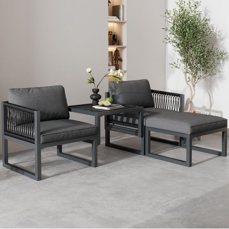 Conjunto de tumbonas de jardín de metal gris con PE ratán, 2 sillones y 2 reposapiés, combinable en 4 posiciones (1/5)