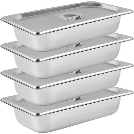 Set di 4 vassoi in acciaio inox con coperchi, GN 1/3, 32,5 x 17,5 x 6,5 cm, in acciaio inox per uso alimentare, adatti per forni a convezione, bagnomaria e scaldavivande. (1/5)