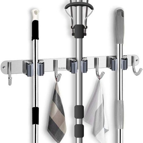 Porta scopa da parete in acciaio inox - Porta mocio con 3 clip e 4 ganci - Organizzazione per cucina, giardino, balcone, garage - Pratico ripiano portaoggetti (1/5)